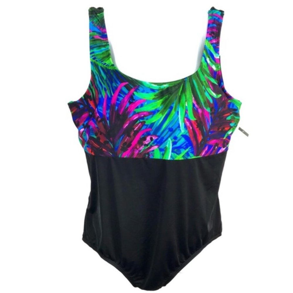 Bleu Ice Black Green Multicolor Leaves Print Plus Size 24 One Piece Swimsuit